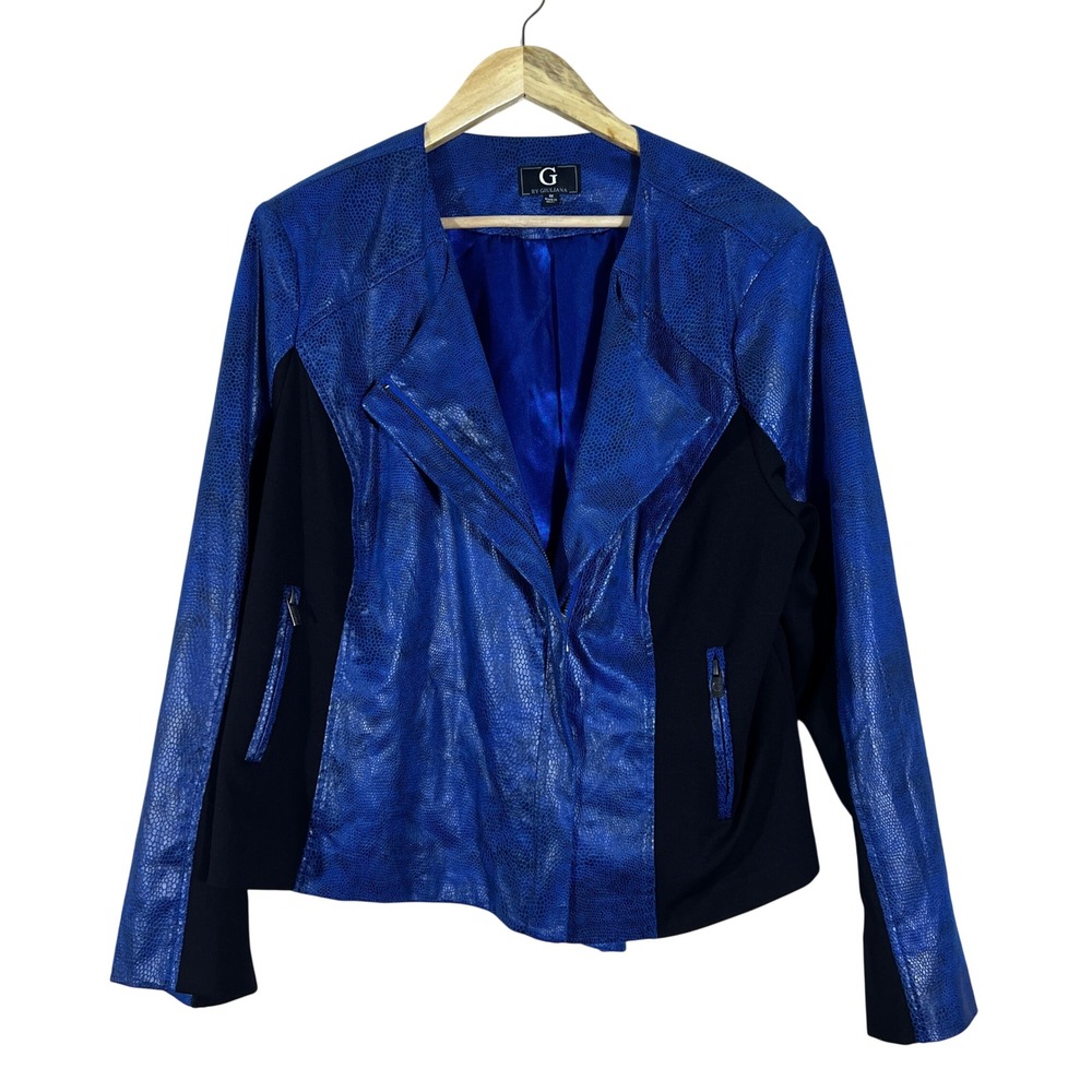 G by Giuliana Moto Snakeskin Faux Leather Jacket Blue Biker Mixed Media Size 1X